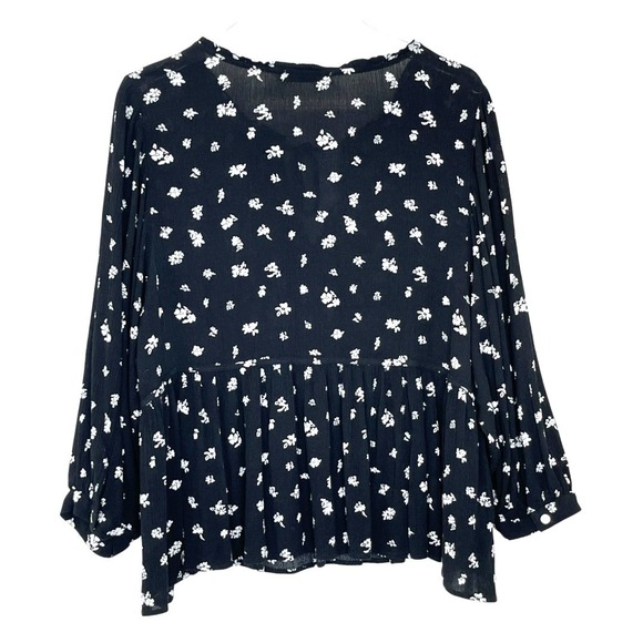 SO Floral Babydoll Blouse Womens XL Black White Excellent Peplum Rayon Tie Neck - Picture 3 of 13